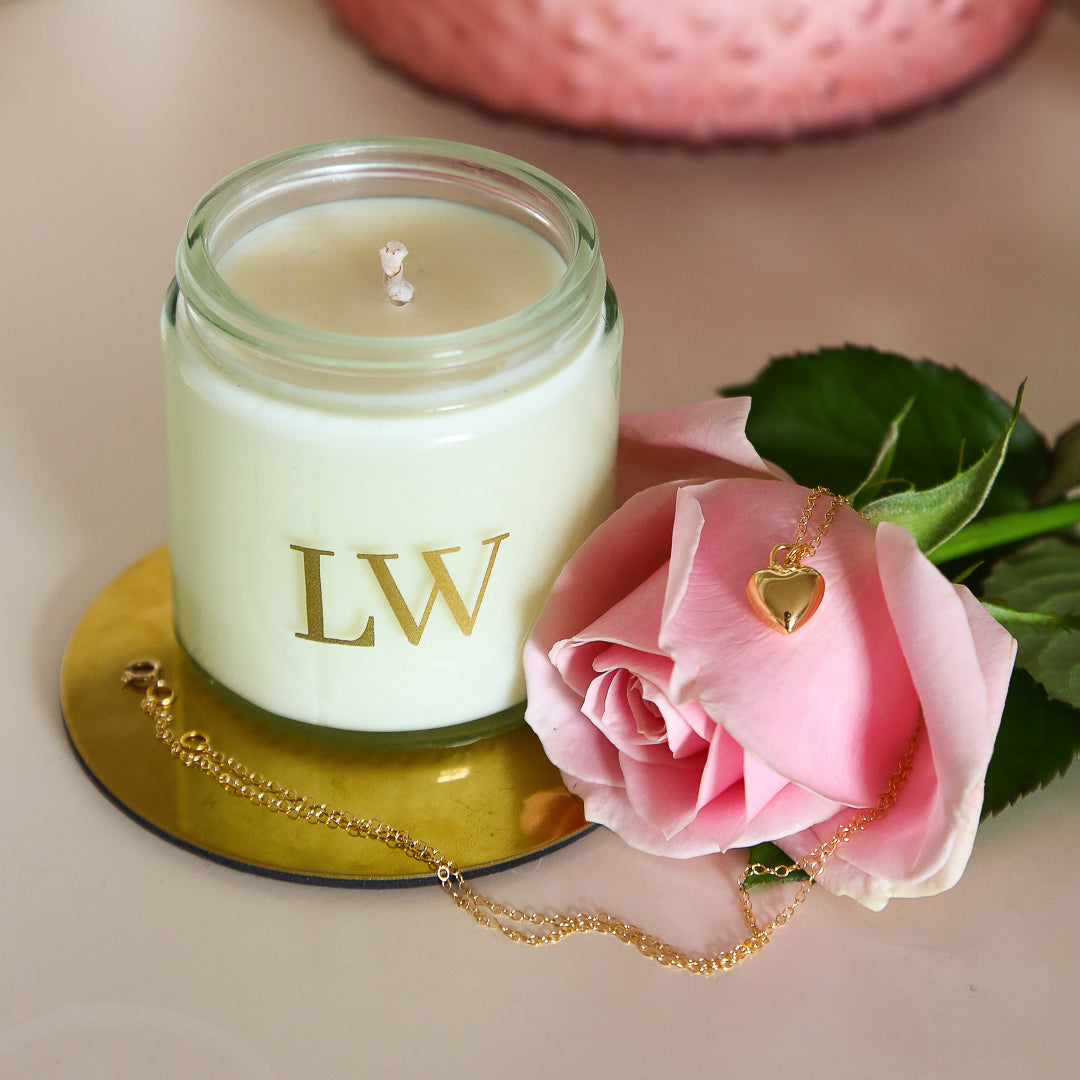 Lovewell Aromatherapy votive candle & Gold heart necklace
